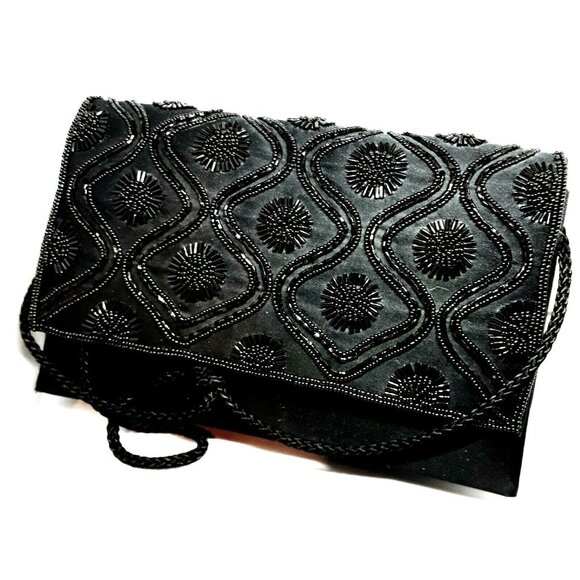 Carla Marchi Evening Purse/Clutch Black Satin Crossbody Hand-Beaded - Picture 1 of 10